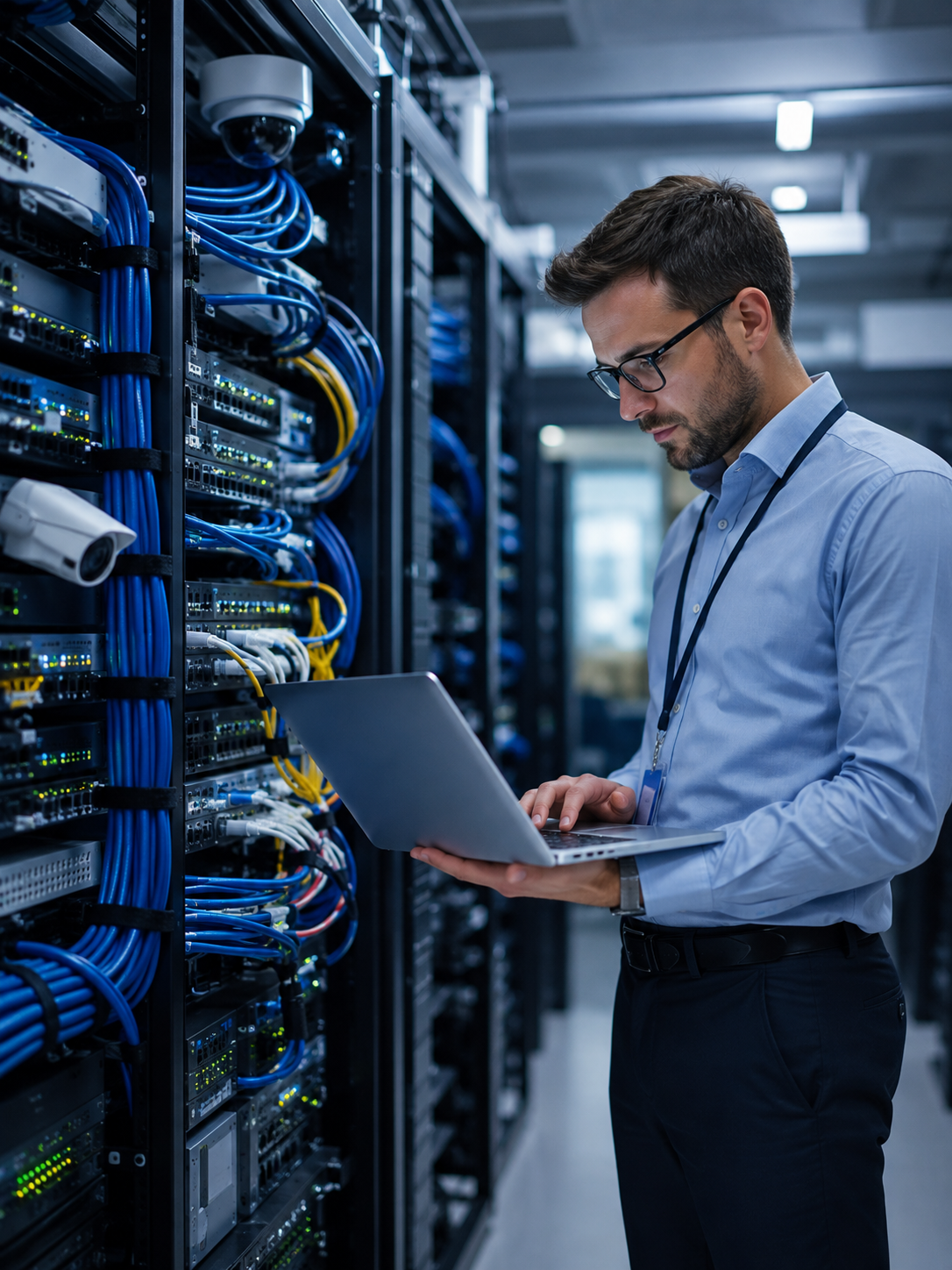 IT technician working on network infrastructure and server rack